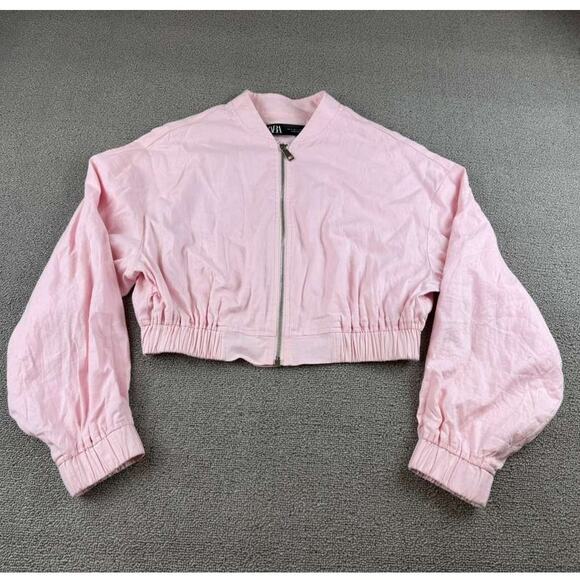 Zara Cropped Jacket Women S Pink Zip Front Elastic Hem Long Sleeve Ribbed Cuffs - Picture 1 of 10